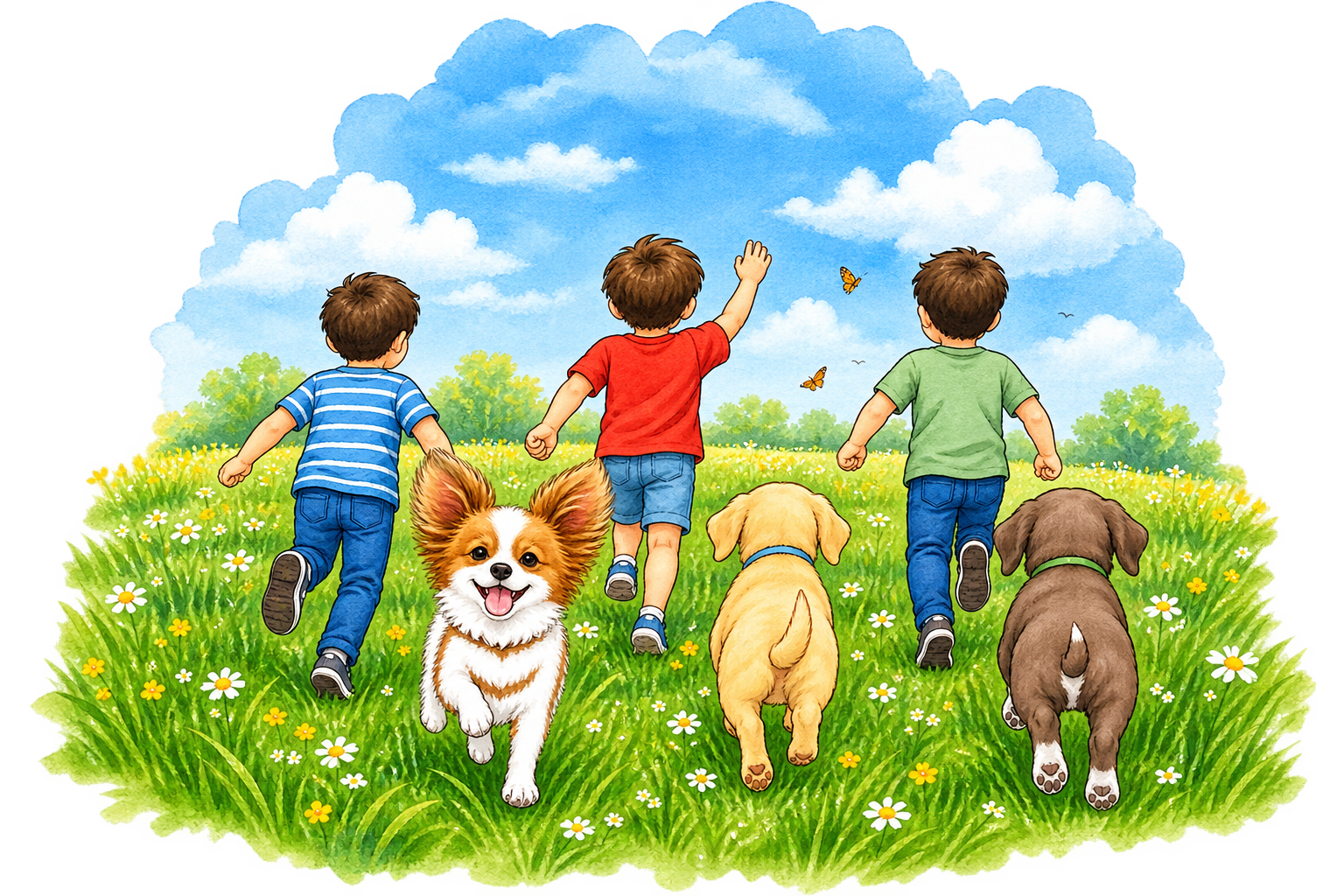 Children and dogs heading out on an adventure